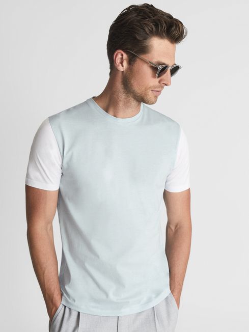 Reiss White/Soft Blue Marrow Mercerised Contrast Sleeve T-Shirt