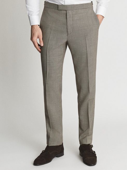 Reiss Oatmeal March Slim Fit Wool Puppytooth Mixer Trousers