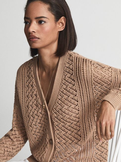 Reiss Camel Laila Cable Knit Cardigan