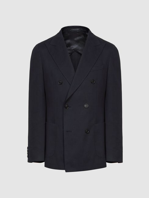 Class Navy Double Breasted Cotton Linen Slim Fit Blazer