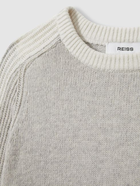 Reiss Grey/White Amis 9-13 yrs Ribbed-Sleeve Jumper with Cotton and Wool