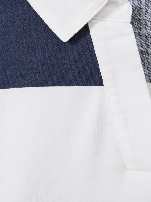 Teen Oversized Cotton Striped Open-Collar Rugby Top in Navy