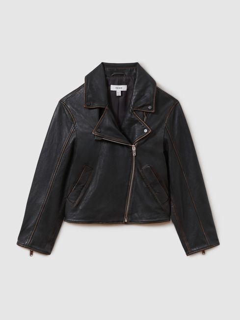 9 13 yrs Relaxed Leather Biker Jacket in Black REISS Canada