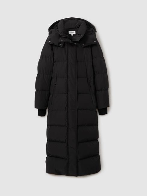 Petite Longline Hooded Puffer Coat in Black REISS Canada