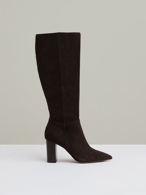 Reiss Chocolate Bianca Block Heel Knee High Boots