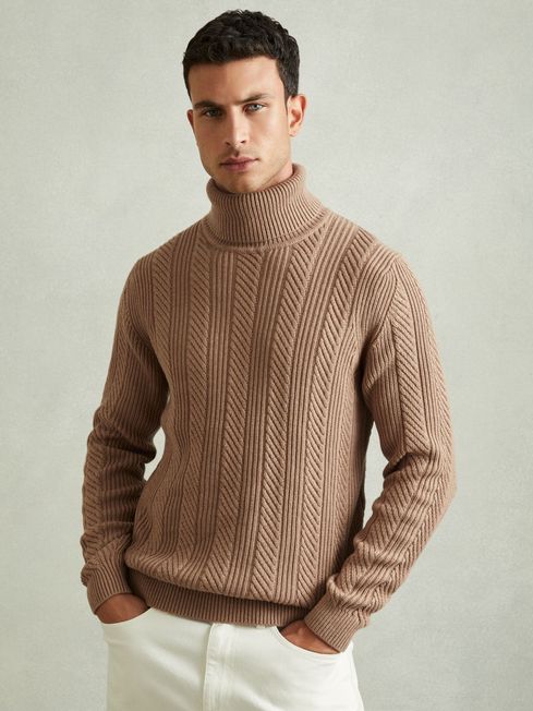Reiss Flick Camel Cabled Roll neck Jumper with Cotton and Wool M