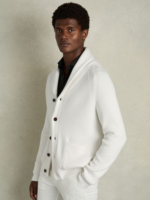 Ribbed Shawl Collar Cardigan with Cotton and Wool in White REISS Canada