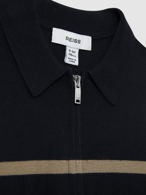 Reiss Navy/White/Camel Tokyo Colour-Block Half-Zip Polo Shirt