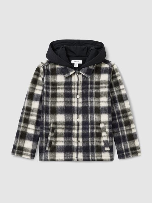 Reiss Navy/White Wade Removable-Hood Brushed Check Overshirt