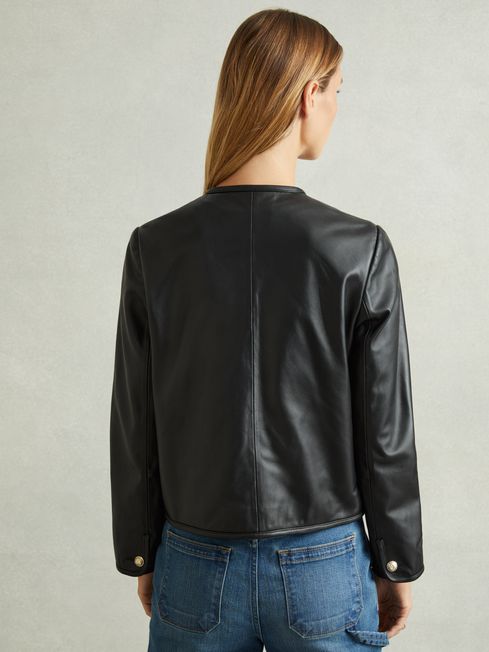 Reiss Black Gracie Cropped Leather Jacket