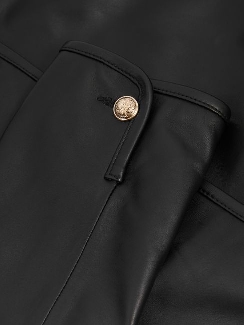 Reiss Black Gracie Cropped Leather Jacket