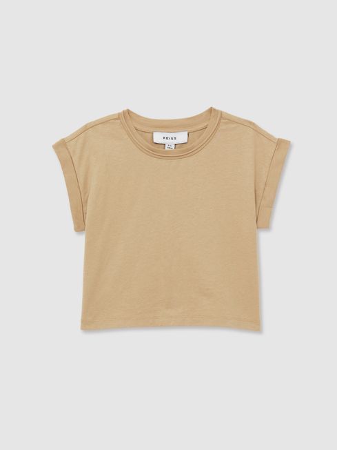 Reiss Camel Terry Cotton Jersey Cropped T-Shirt