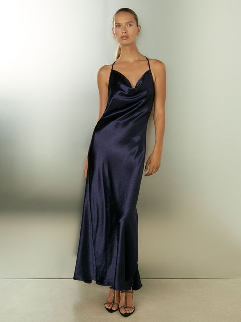 Petite Cowl Neck Hammered Satin Slip Dress in Indigo REISS USA