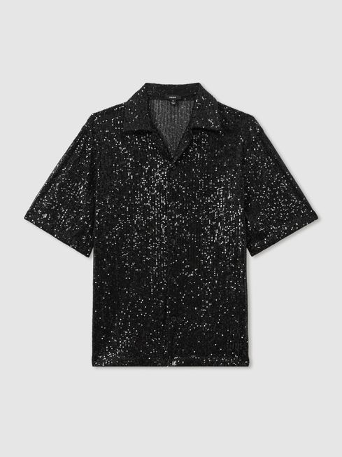 Sequinned Cuban Collar Shirt in Black REISS Canada