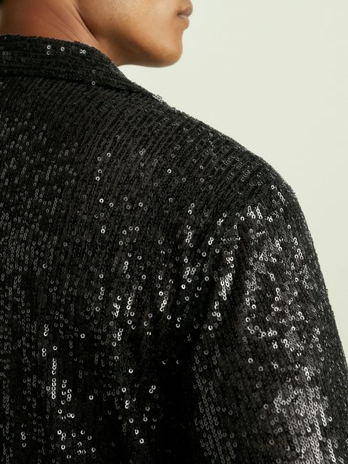 Reiss Black Prince Sequinned Cuban-Collar Shirt