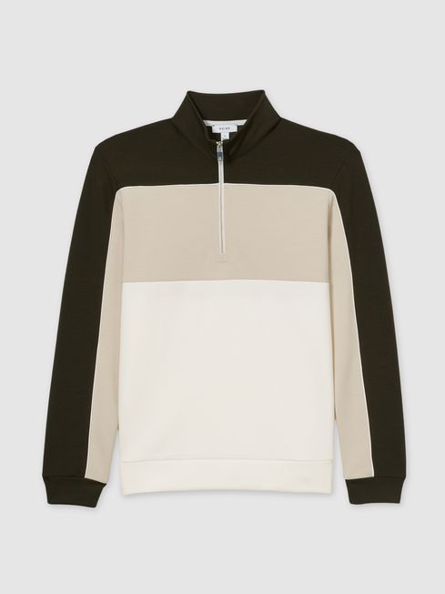 Interlock Colour Block Half Zip Sweatshirt in Forest Green Off White