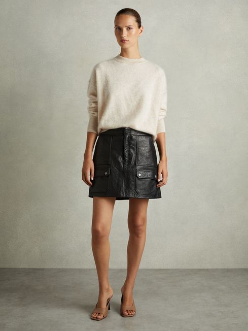 Reiss Black Parker Grained-Leather High-Rise Mini Skirt