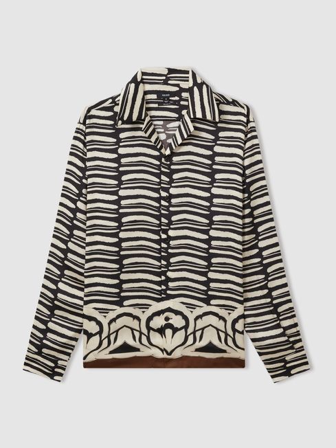 Reiss Black/White Knox Abstract-Print Twill Cuban-Collar Shirt
