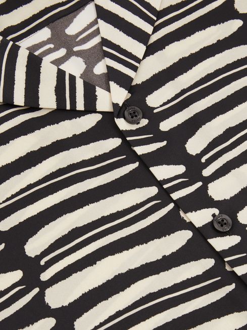 Reiss Black/White Knox Abstract-Print Twill Cuban-Collar Shirt