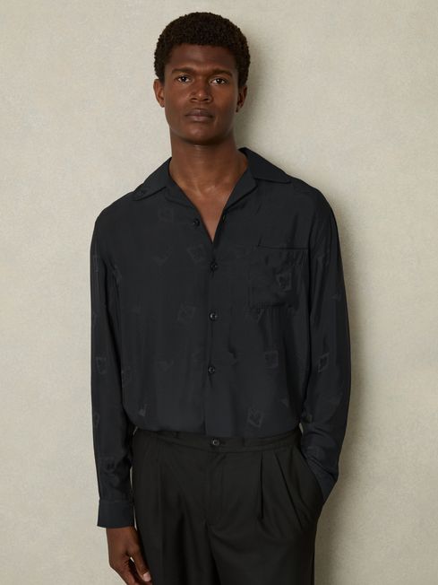 Reiss Navy Aperitif Cocktail-Jacquard Faille Shirt