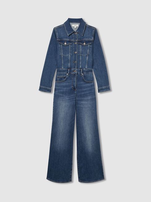 Cotton Blend Denim Relaxed Fit Jumpsuit in Mid Blue