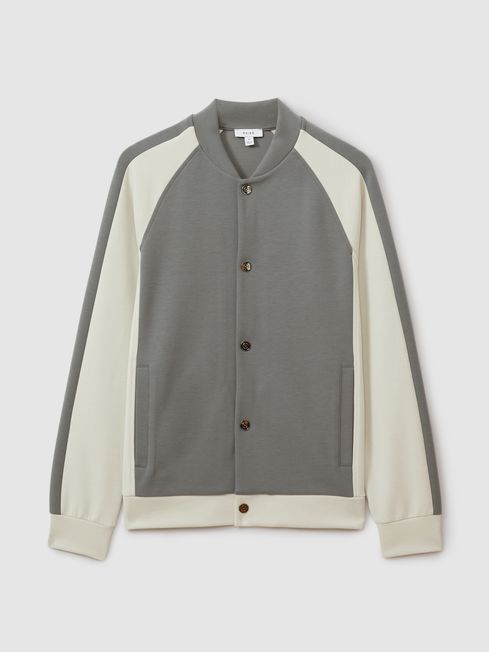 Colourblock Jersey Varsity Jacket in Flint Grey Off White REISS Ireland