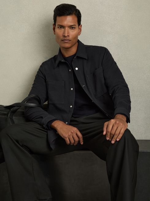 Reiss Navy Fitzroy Brushed Corduroy Press-Stud Overshirt