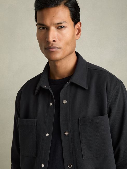 Reiss Navy Fitzroy Brushed Corduroy Press-Stud Overshirt