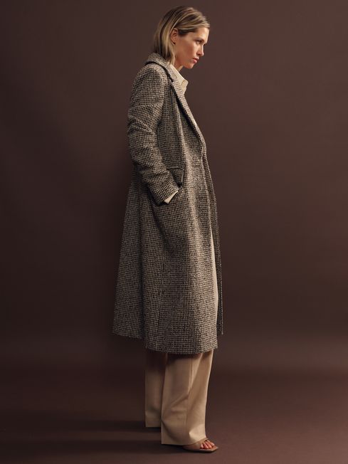 Petite Wool Blend Houndstooth Check Coat in Brown Check REISS USA