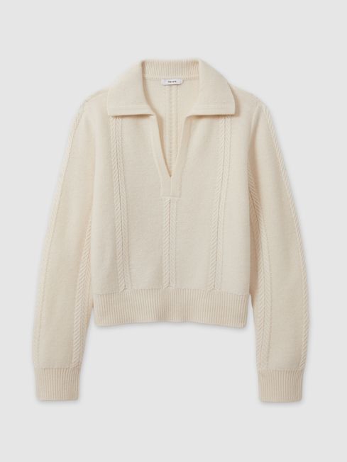 Wool Cashmere Cropped Open Collar Jumper in Cream