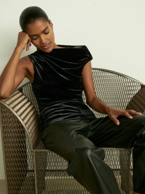 Velvet Drape Off Shoulder Top in Black REISS Netherlands