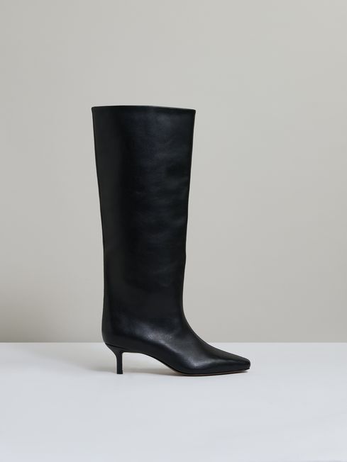 Reiss Black Monica Leather Kitten Heel Boots