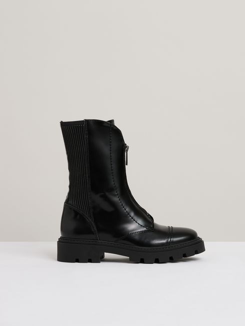 Reiss Black Sophie Leather Zip-Front Ankle Boots