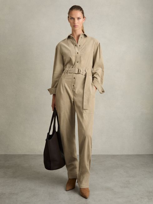 Reiss Neutral Mara Cotton Corduroy Tapered Jumpsuit With Stretch