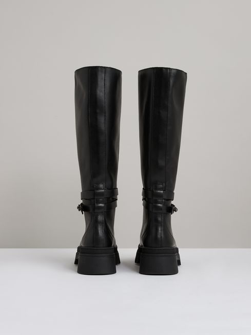 Reiss Black Albany Leather Chunky Flat Knee-High Boots