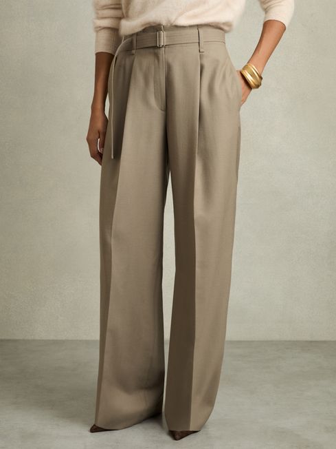 Reiss Neutral Clara Wool Belted Wide-Leg Trousers