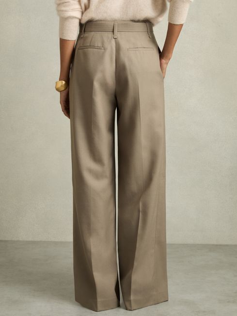 Reiss Neutral Clara Wool Belted Wide-Leg Trousers