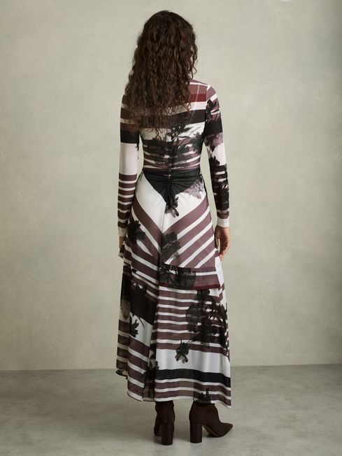Reiss Burgundy/Black Chiara Stretch-Mesh Stripe-Print Ruched Dress