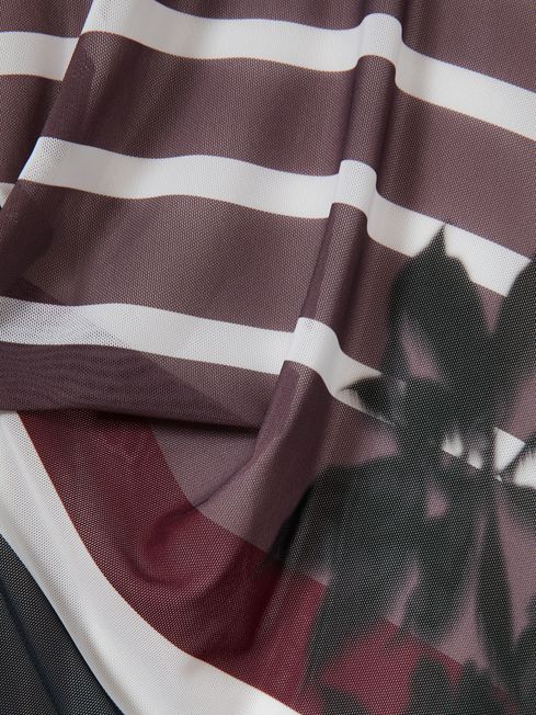 Reiss Burgundy/Black Chiara Stretch-Mesh Stripe-Print Ruched Dress