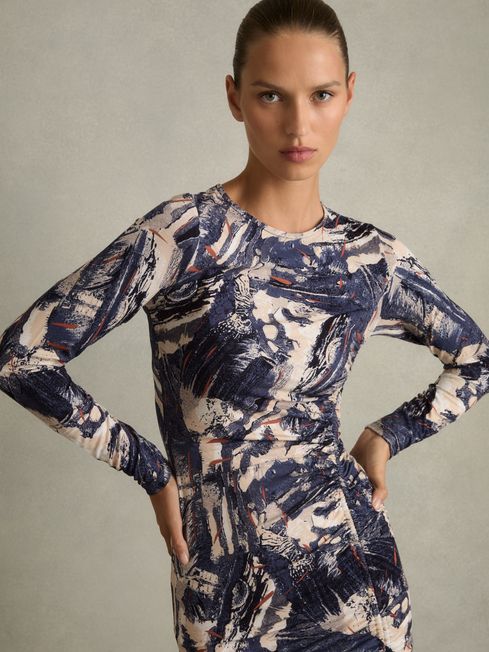 Reiss Riyo Navy Neutral Printed Ruched Midi Dress US 4