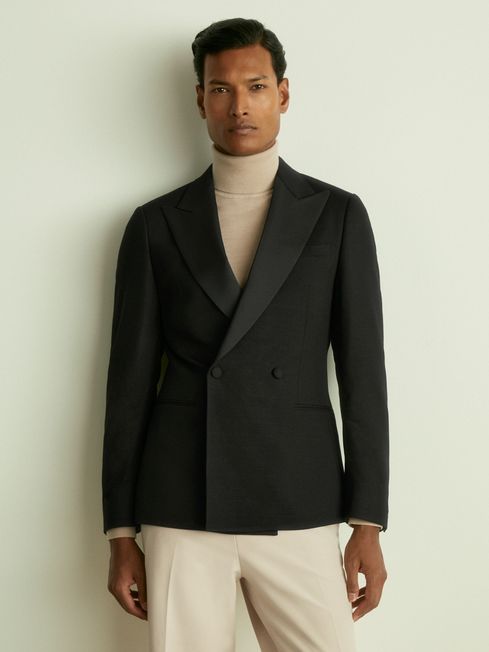 Reiss Black Thom Double-Breasted Tuxedo Jacket in Black Hopsack