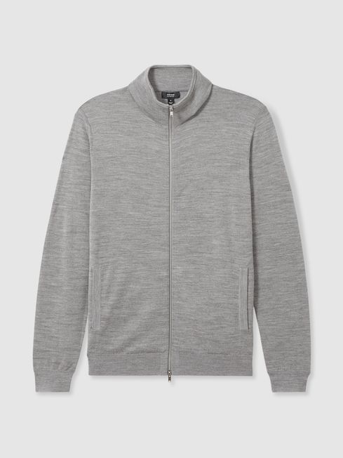 Reiss Warm Grey Melange Hampshire Merino Wool Zip-Through Cardigan