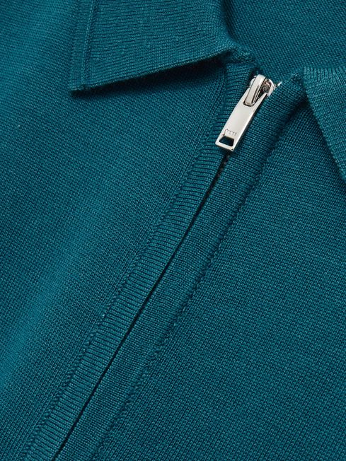 Reiss Deep Teal Blue Maxwell Merino Wool Half-Zip Polo Shirt