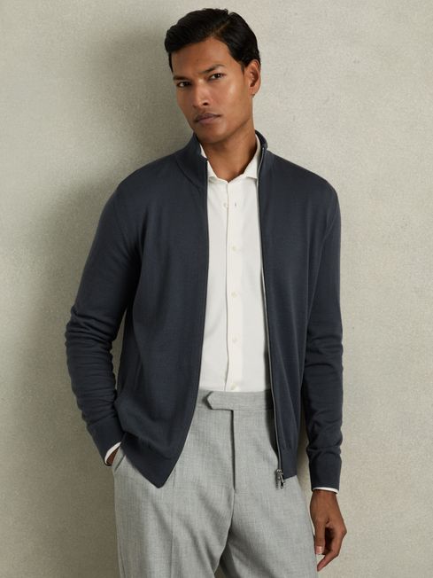 Merino Wool Zip Through Cardigan in Blackened Blue REISS Ireland
