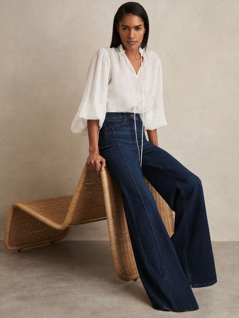 Reiss Dark Blue Heather Petite Stretch-Cotton Wide-Leg Jeans