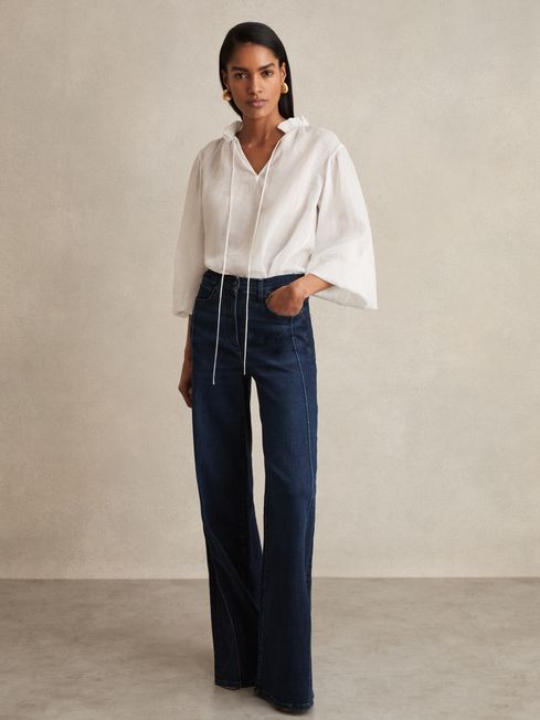 Reiss Dark Blue Heather Stretch-Cotton Wide-Leg Jeans