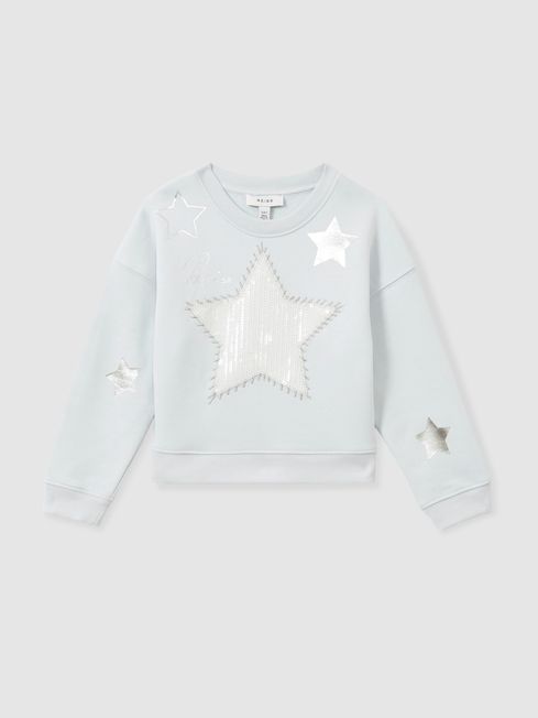 Reiss Blue Stella 13-14 yrs Cotton Blend Sequin Star Logo Sweatshirt