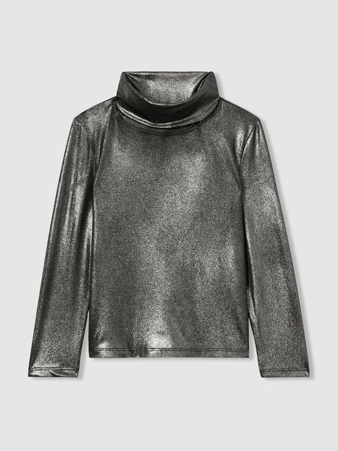 9 13 yrs Metallic Thread Roll Neck Top in Silver