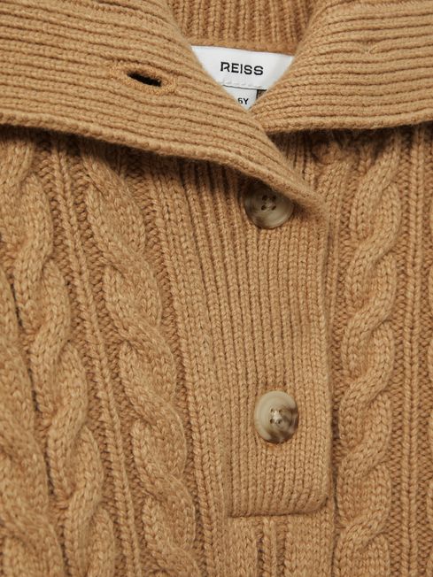 Reiss Camel Etta 9-13 yrs Cotton-Blend Open-Collar Cable-Knit Jumper With Wool