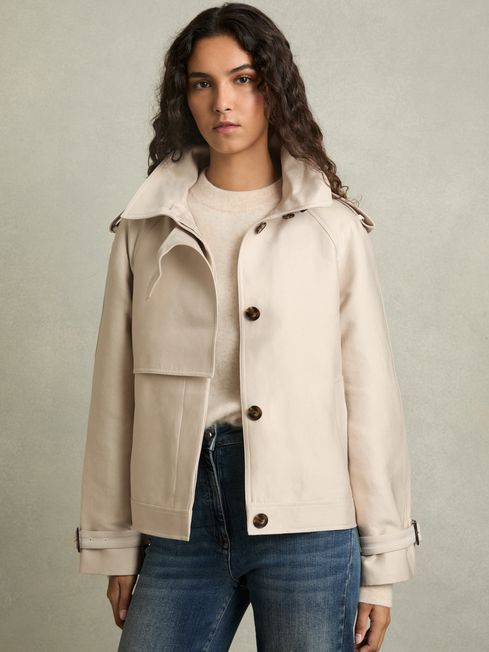 Reiss Neutral Mila Short Trench Coat With Cotton